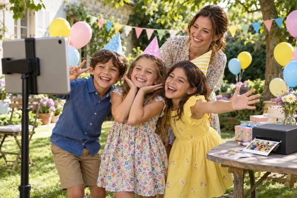 Illustration: children in party hats and an adult smiling at an iPad on a stand at a garden birthday party, with a printer and a printed photo on a table.