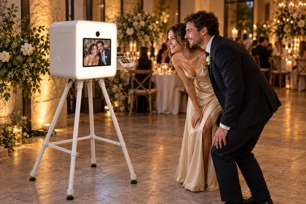 Illustration: two guests at an evening wedding reception pose in front of a white glossy ultra-compact photo booth whose whole front glows, with an iPad inside and a print coming out of the side slot.