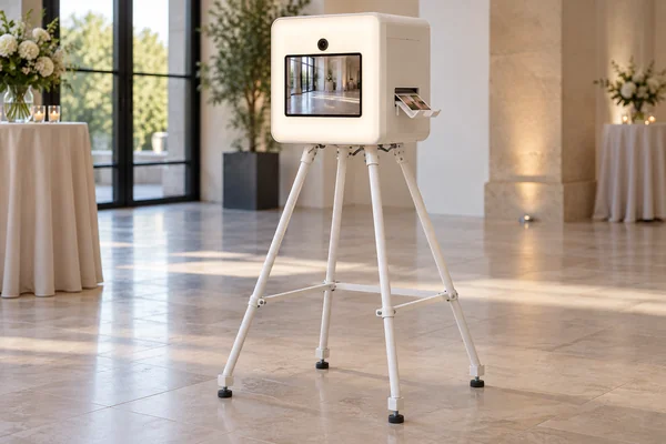 Illustration: a white glossy ultra-compact photo booth on four slim legs in a bright event space, its front glowing, with an iPad inside and a small print at the side slot.