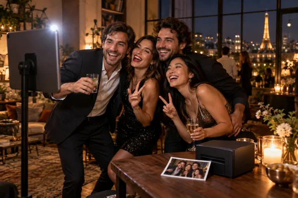 Illustration: friends laughing and posing in front of an iPad on a stand at an evening party, with a small printer and a printed photo on the table.