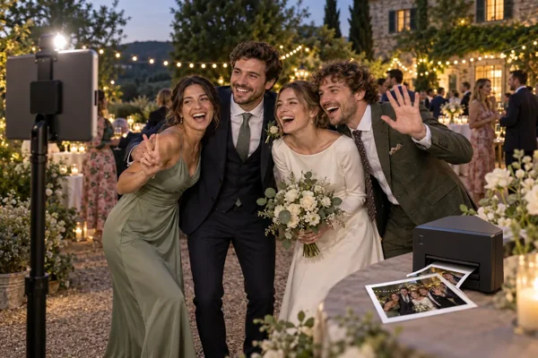 Illustration: the couple and friends laughing in front of an iPad on a stand at a garden wedding, with a printer and a printed photo on a table.